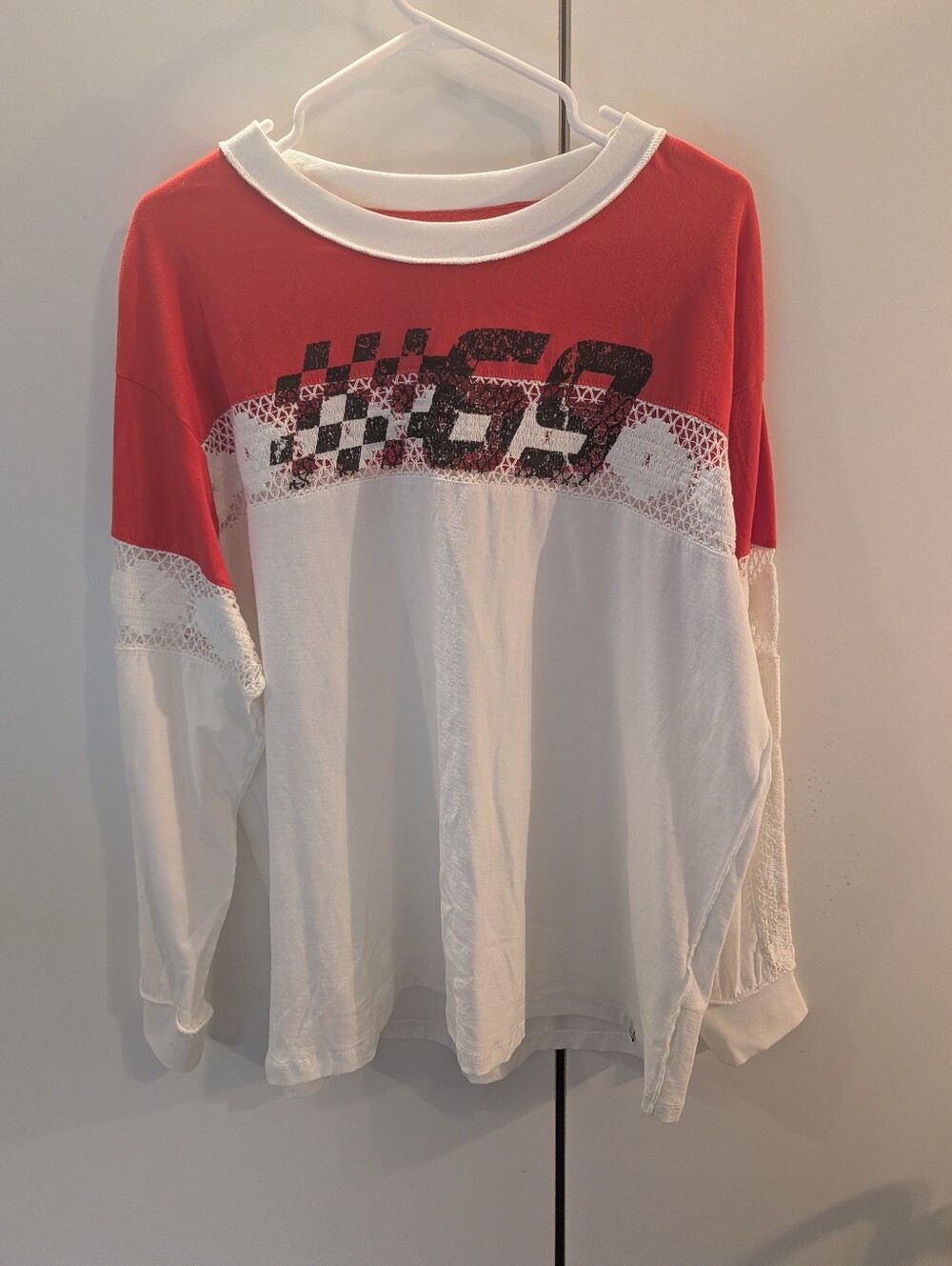 BDG Large Graham Red and White Colorblock Long-Sleeve Graphic Top